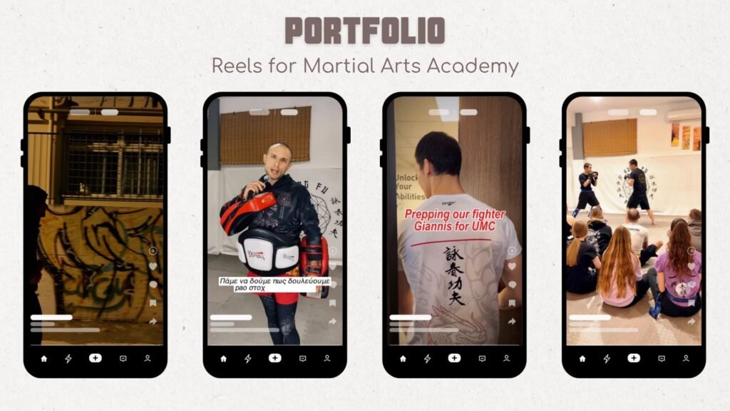 Portfolio of Instagram Reels and social media content created by CF Studio for a martial arts academy.