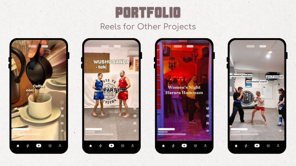 CF Studio portfolio showcasing social media reels, video editing and content creation projects for various businesses.